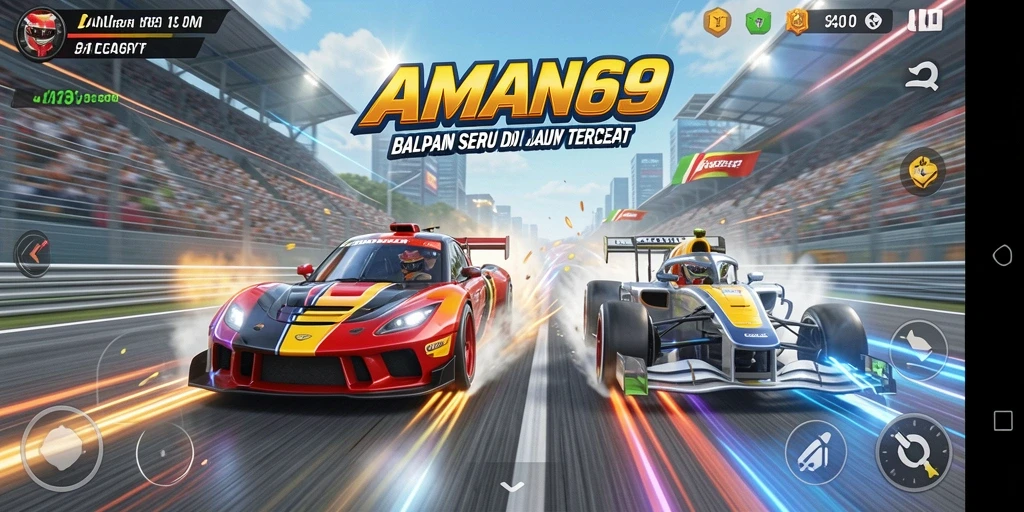 Tampilan mendebarkan dari gameplay balapan AMAN69 dengan mobil yang cepat.