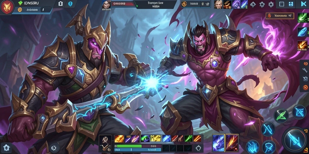 Screenshot utama menunjukkan pertarungan epik dalam permainan MOBA.