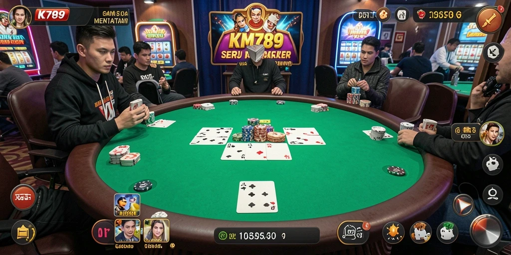 Screenshot gameplay KM789 menampilkan suasana poker yang mendebarkan.