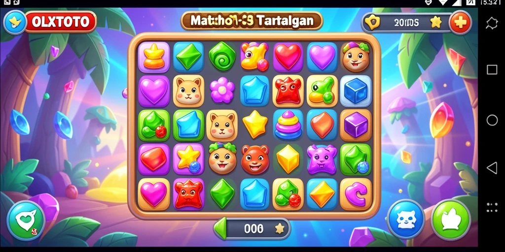 Screenshot utama menunjukkan gameplay seru OLXTOTO dengan permata berwarna-warni.