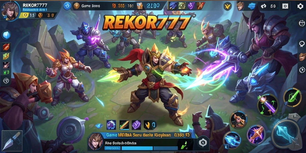 Screenshot utama REKOR777 menampilkan aksi pertarungan seru di arena MOBA.