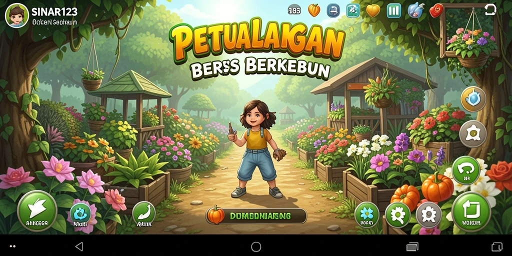 Tangkapan layar gameplay SINAR123 menampilkan kebun yang rimbun dan aktivitas bertani.